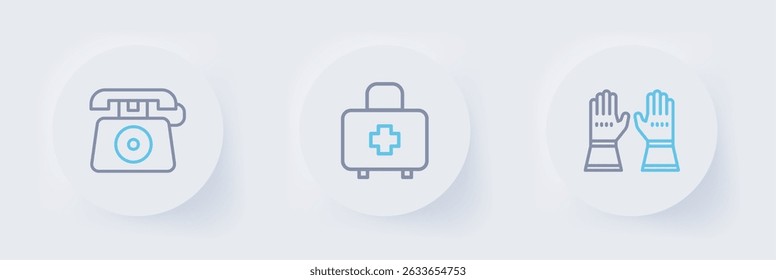 Set line Firefighter gloves, First aid kit and Telephone call 911 icon. Vector