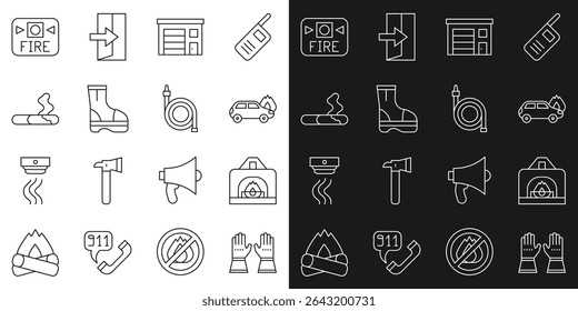 Set line Firefighter gloves, Interior fireplace, Burning car, Building of station, boots, Cigarette, alarm system and hose reel icon. Vector