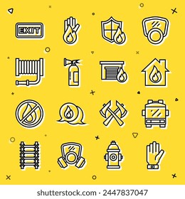 Set line Firefighter gloves, truck, in burning house, protection shield, extinguisher, hose reel, exit and garage icon. Vector