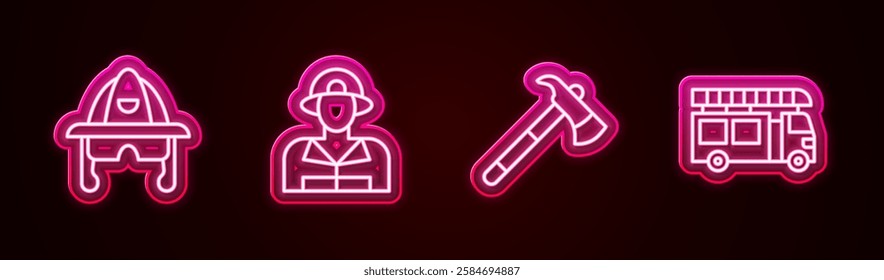 Set line Firefighter helmet, , axe and truck. Glowing neon icon. Vector