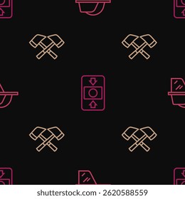 Set line Firefighter helmet, axe and alarm system on seamless pattern. Vector