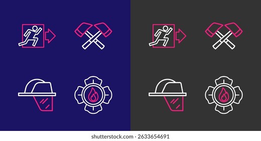 Set line Firefighter, helmet, axe and exit icon. Vector