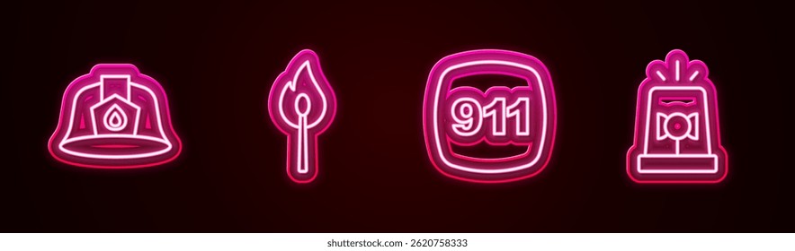 Set line Firefighter helmet, Burning match with fire, Emergency call 911 and Flasher siren. Glowing neon icon. Vector