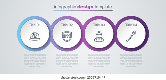 Set line Firefighter helmet, Emergency call 911,  and hose reel. Business infographic template. Vector