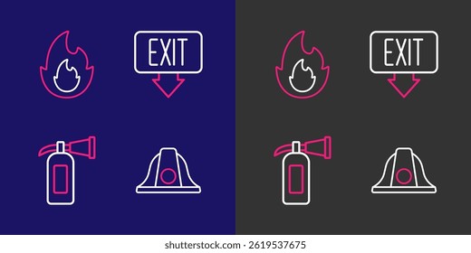 Set line Firefighter helmet, extinguisher, exit and flame icon. Vector