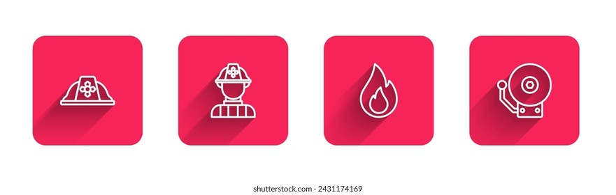 Set line Firefighter helmet, , flame and Ringing alarm bell with long shadow. Red square button. Vector