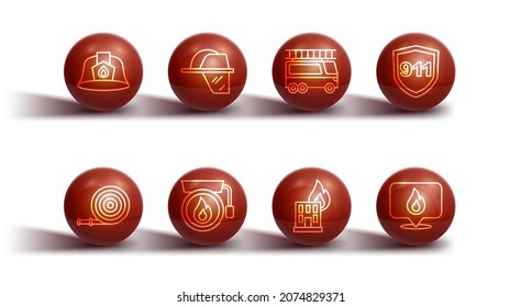 Set line Firefighter helmet, hose reel, Emergency call 911, in burning building, Ringing alarm bell, Location with fire flame and truck icon. Vector