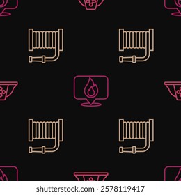 Set line Firefighter helmet, hose reel and Location with fire flame on seamless pattern. Vector