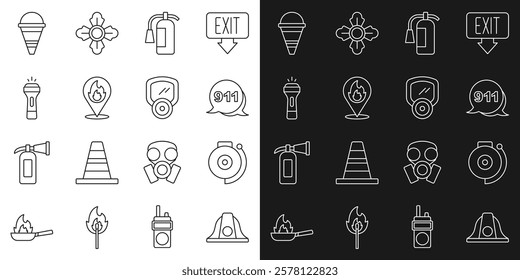 Set line Firefighter helmet, Ringing alarm bell, Emergency call 911, extinguisher, Location with fire flame, Flashlight, cone bucket and Gas mask icon. Vector