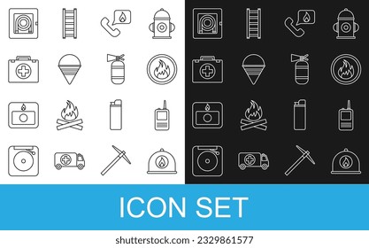 Set line Firefighter helmet, Walkie talkie, flame, Telephone with emergency call 911, cone bucket, First aid kit, hose cabinet and extinguisher icon. Vector