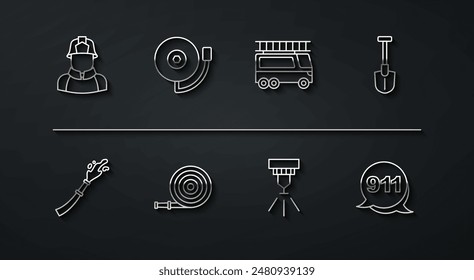 Set line Firefighter, hose reel, shovel, sprinkler system, Ringing alarm bell, Emergency call 911 and truck icon. Vector