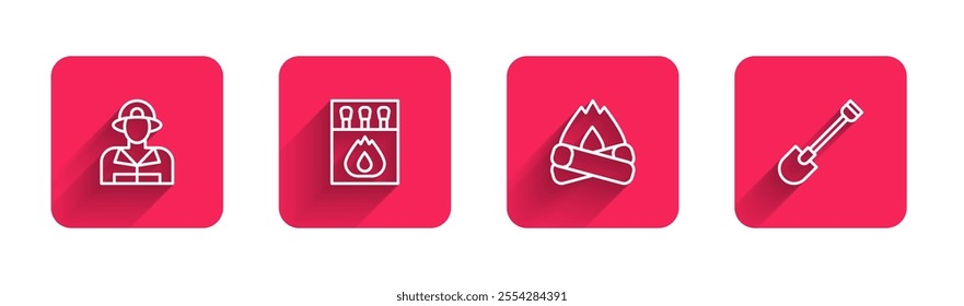 Set line Firefighter, Matchbox and matches, Campfire and shovel with long shadow. Red square button. Vector