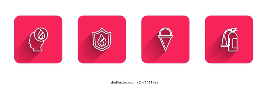 Set line Firefighter, protection shield, cone bucket and extinguisher with long shadow. Red square button. Vector