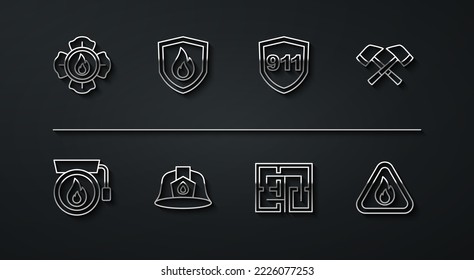 Set line Firefighter, Ringing alarm bell, axe, Evacuation plan, helmet, protection shield, flame triangle and Emergency call 911 icon. Vector