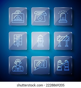 Set line Firefighter, Telephone call 911, gloves, Ringing alarm bell, hydrant, Evacuation plan, Interior fireplace and Road barrier icon. Vector