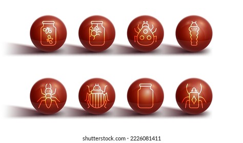 Set line Fireflies bugs in a jar, Ant, Larva insect, Glass, Colorado beetle, Spider, Beetle and Ladybug icon. Vector