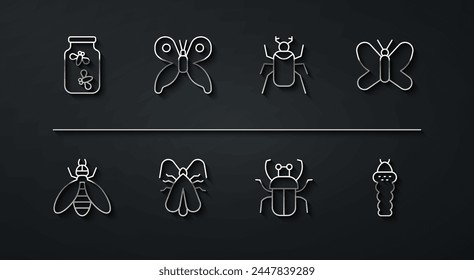 Set line Fireflies bugs in a jar, Bee, Butterfly, Stink, Clothes moth, Larva insect and Beetle icon. Vector