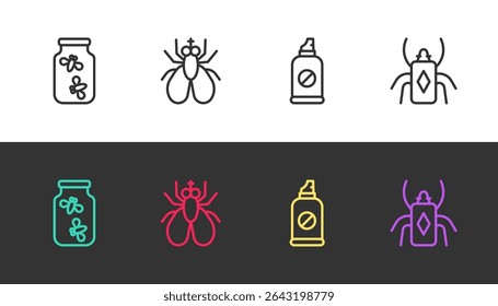 Set line Fireflies bugs in a jar, Insect fly, Spray against insects and Beetle on black and white. Vector