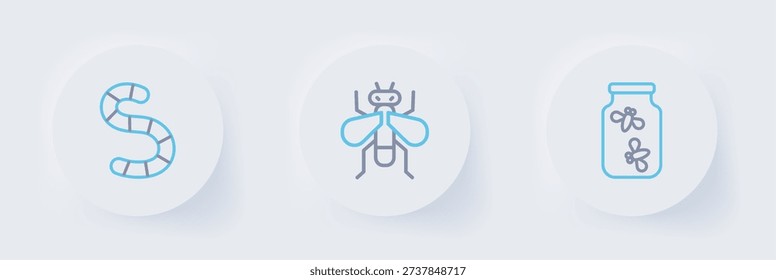 Set line Fireflies bugs in a jar, Insect fly and Worm icon. Vector