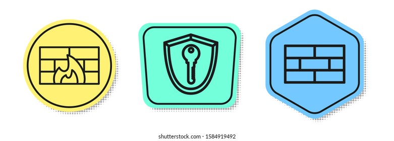 Set line Firewall, security wall , Shield with key  and Bricks . Colored shapes. Vector