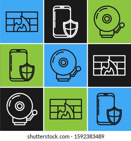 Set line Firewall, security wall , Ringing alarm bell  and Smartphone with security shield  icon. Vector