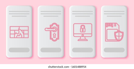 Set line Firewall, security wall , Door handle , Lock on computer monitor screen and SD card and shield . White rectangle button. Vector