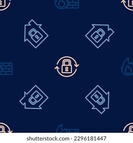 Set line Firewall, security wall, House under protection and Lock on seamless pattern. Vector