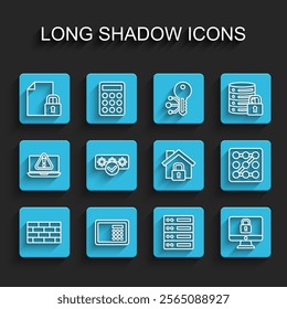 Set line Firewall, security wall, Safe, Document and lock, Server, Data, Web Hosting, Lock on computer monitor, Password protection, Graphic password and House under icon. Vector