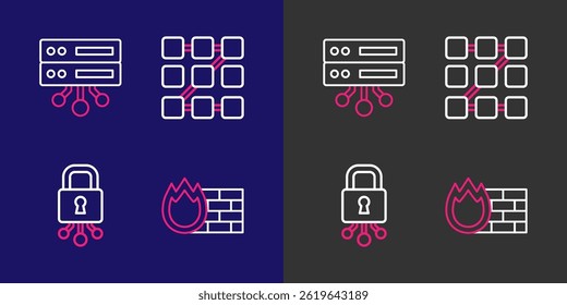 Set line Firewall, security wall, Cyber, Graphic password protection and Server, Data, Web Hosting icon. Vector