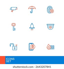 Set line Firewall, security wall, Mobile with closed padlock, Open, Security camera, Old key, Ringing alarm bell, Cancelled fingerprint and Umbrella icon. Vector