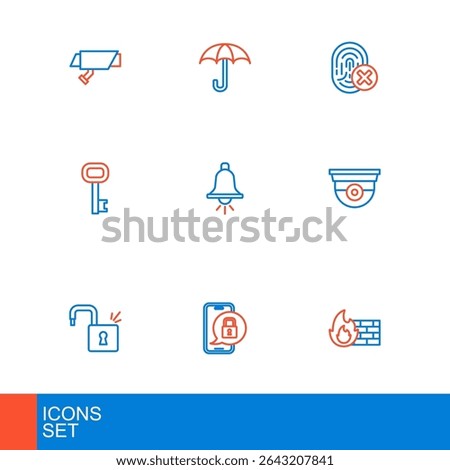 Set line Firewall, security wall, Mobile with closed padlock, Open, Security camera, Old key, Ringing alarm bell, Cancelled fingerprint and Umbrella icon. Vector