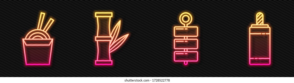 Set line Feuerwerk, asiatische Nudeln in Papierbox und Stäbchen, Bambus und Feuerwerk. Leuchtendes Neonsymbol Vector