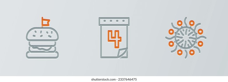 Set line Firework, Burger and Calendar with date July 4 icon. Vector