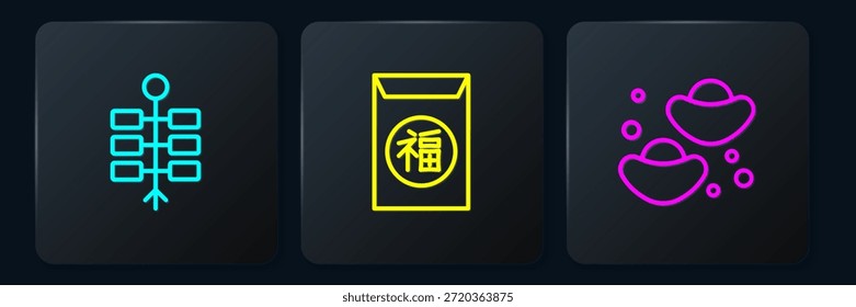 Definir linha Fogos de artifício, biscoito da sorte chinês e Ano Novo. Botão quadrado preto. Vetor
