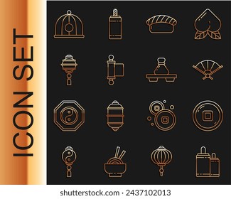 Set line Firework, Chinese Yuan currency, Paper chinese folding fan, Sushi, Decree, paper, parchment, scroll, lantern, hat and Dumpling on cutting board icon. Vector