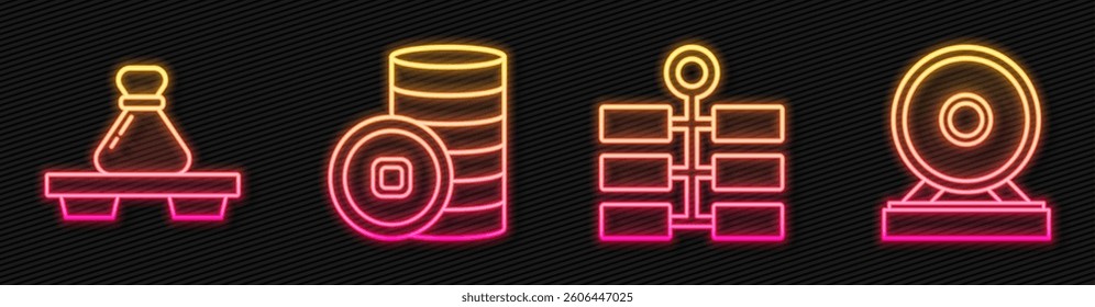 Set line Firework, Dumpling on cutting board, Chinese Yuan currency and Gong. Glowing neon icon. Vector