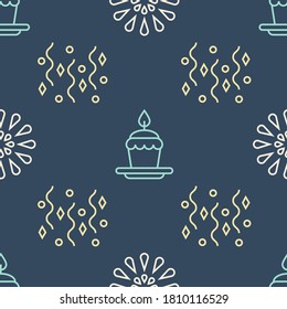 Set line Firework, Festive confetti and Cake with burning candles on seamless pattern. Vector