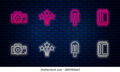 Set line Firework, Ice cream, Photo camera and Beer can. Glowing neon icon on brick wall. Vector