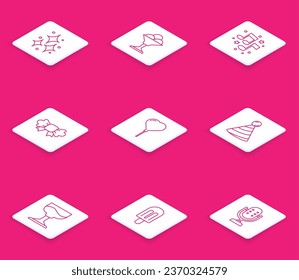 Set line Firework, Ice cream in bowl, Music note, tone, Bow tie, Balloon form of heart, Party hat, Cocktail and  icon. Vector
