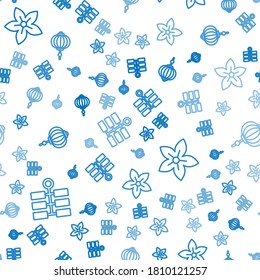 Set line Firework, Lotus flower and Chinese paper lantern on seamless pattern. Vector