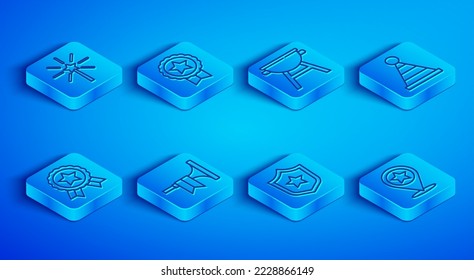 Set line Firework, Medal with star, Barbecue grill, Trumpet, Police badge, Party hat,  and USA Independence day icon. Vector