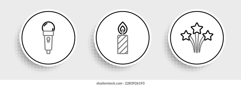 Set line Firework, Microphone and Birthday cake candles icon. Vector