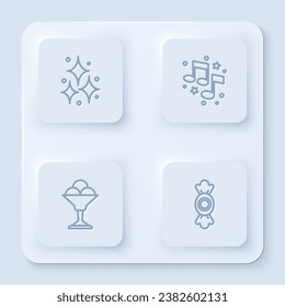 Set line Firework, Music note, tone, Ice cream in bowl and Candy. White square button. Vector