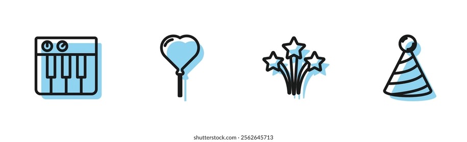 Set line Firework, Music synthesizer, Balloon in form of heart and Party hat icon. Vector