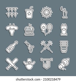 Set line Firework, Paper glass, Stage stand tribune, Burger, Sausage on the fork, Carnival garland with flags and Balloons icon. Vector