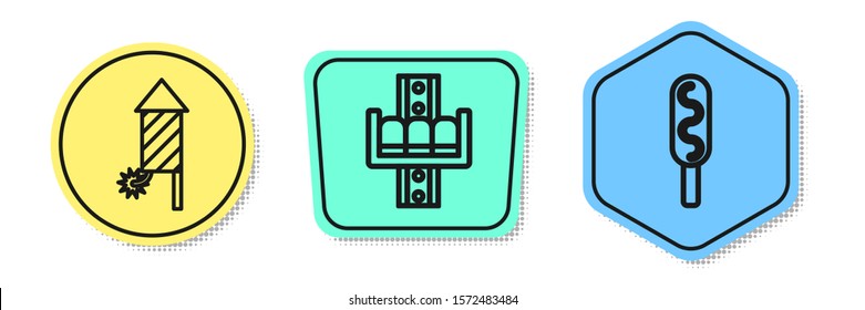 Set line Firework rocket, Attraction carousel and Corn dog. Colored shapes. Vector