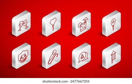 Set line Firework rocket, Balloons in form of heart, Cocktail, with ribbon, Slice pizza, Glass champagne, Microphone and Clown head icon. Vector