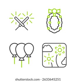 Cohete de fuegos artificiales, globos con cinta, corona de Navidades e ícono de fuegos artificiales Sparkler. Vector