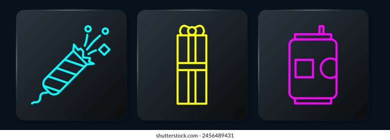 Set line Firework rocket, Beer can and Gift box. Black square button. Vector