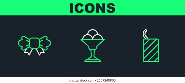 Set line Firework rocket, Bow tie and Ice cream in bowl icon. Vector